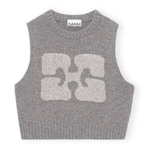 Ganni Gray Sleeveless Cropped Knit Top with Logo Pattern